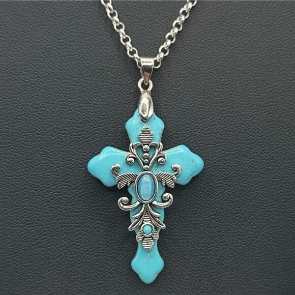 925 Silver Necklace W/ Turquoise Stone BOHO Cross Pendant Vintage Birthday NEW!